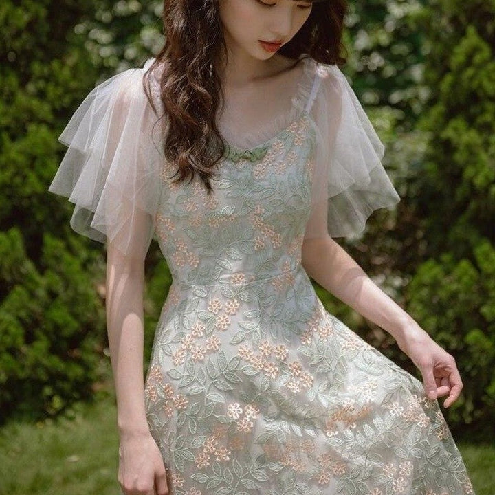 Off-Shoulder Dress With Mesh Sleeves And Floral Lace