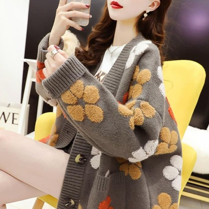 Knitted Cardigan With Flower Pattern And Pockets