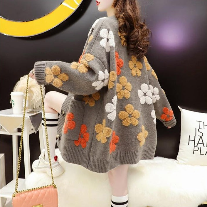 Knitted Cardigan With Flower Pattern And Pockets
