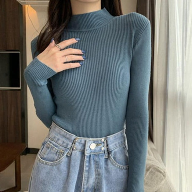Ribbed Sweater With Mock Turtleneck