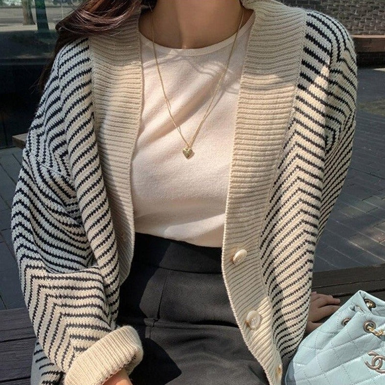 Striped Cardigan With V-Neck