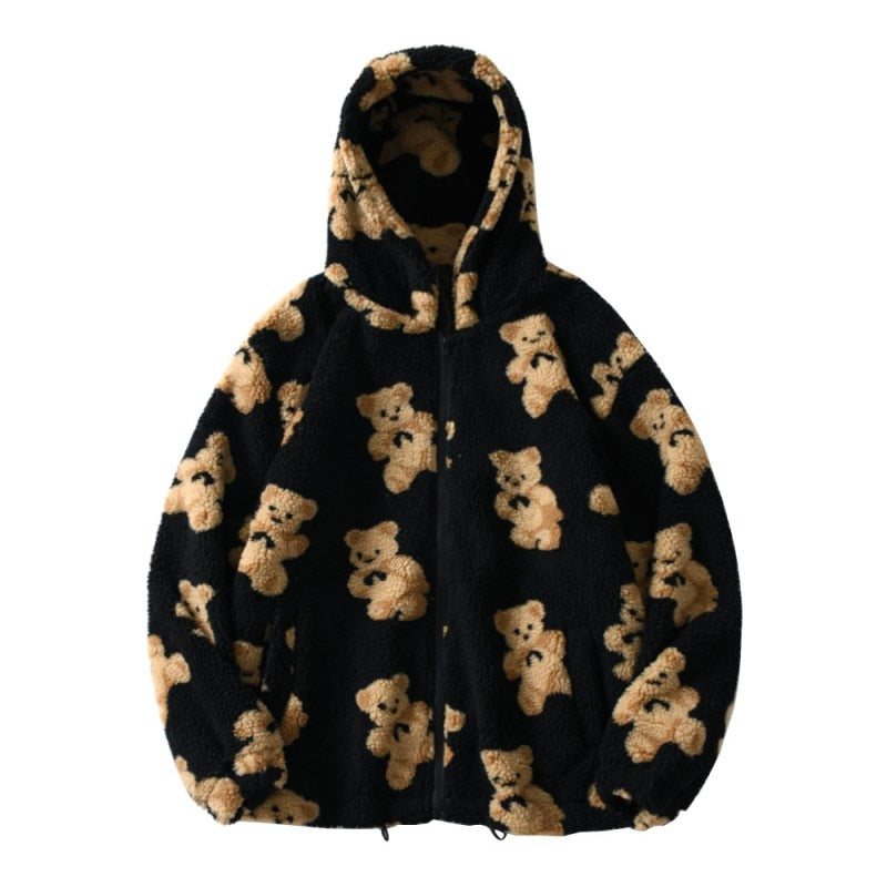 Sherpa Zip-Up Jacket With Teddy Bear Pattern