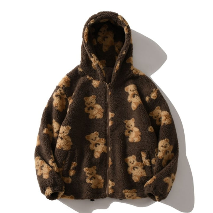 Sherpa Zip-Up Jacket With Teddy Bear Pattern