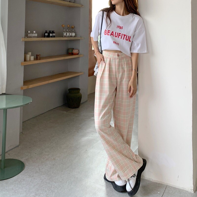 High-Waisted Pants With Plaid Pattern And Loose Fit