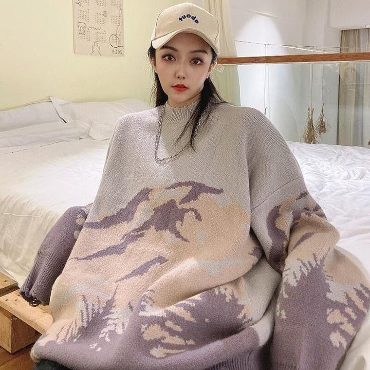 Sweater With Mountain And Tree Print