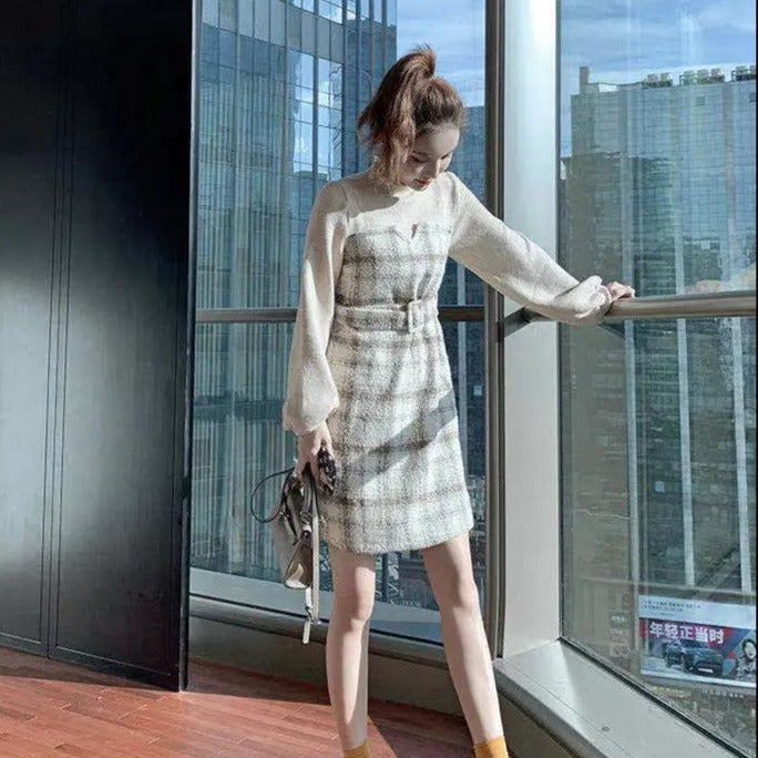 2-in-1 Plaid Dress With Waistbelt And Lantern Sleeves