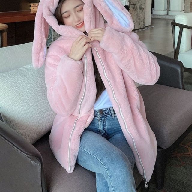 Fluffy Zip-Up Jacket With Bunny Ears