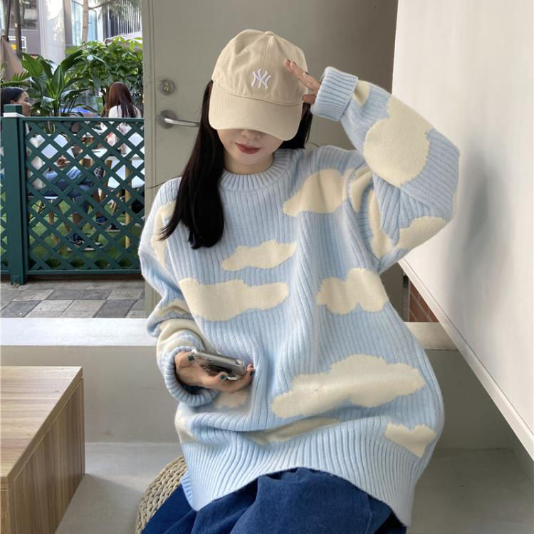Ribbed Sweater With Cloud Pattern