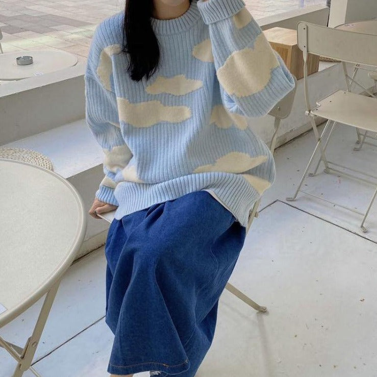Ribbed Sweater With Cloud Pattern