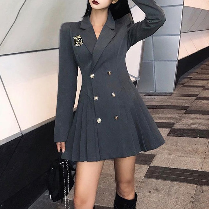Pleated Blazer Dress With Turn-Down Collar And A-Line Cut