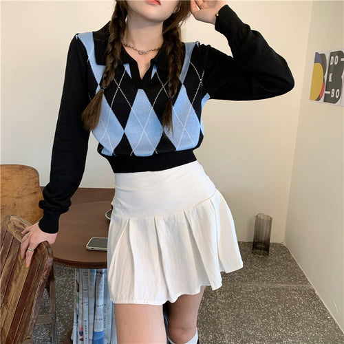 Sweater With Argyle Pattern And Turn-Down Collar