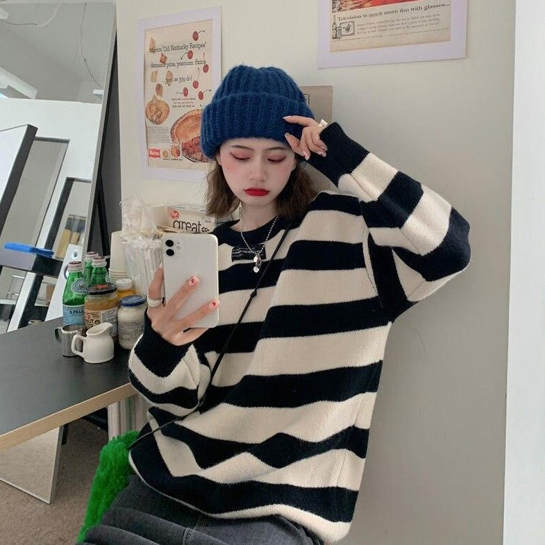 Striped Knit Sweater With Embroidery
