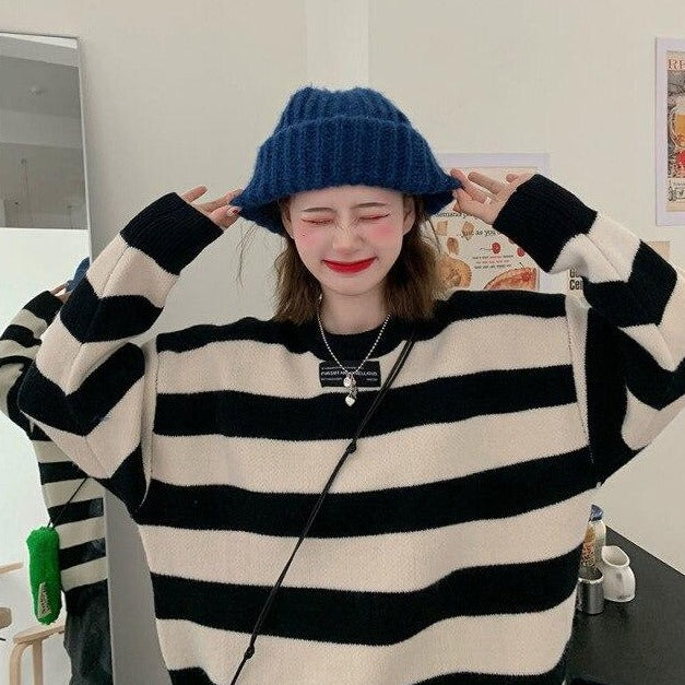 Striped Knit Sweater With Embroidery