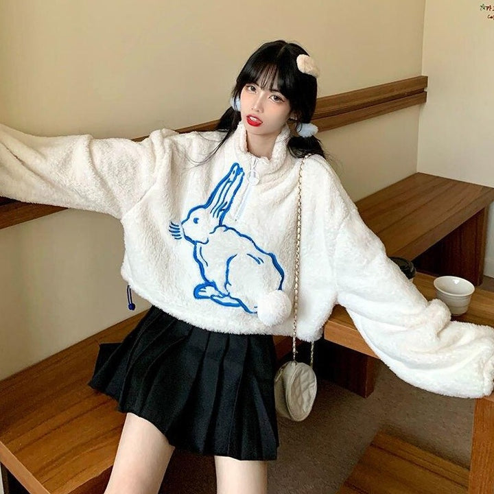 Sweater With Bunny Print And Zipper