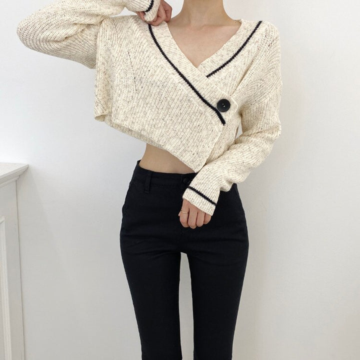 Cropped Wrap Sweater With V-Neck