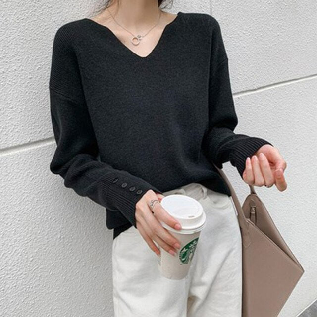 Ribbed Sweater With V-Neck