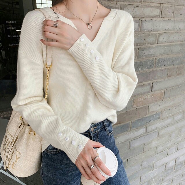 Ribbed Sweater With V-Neck