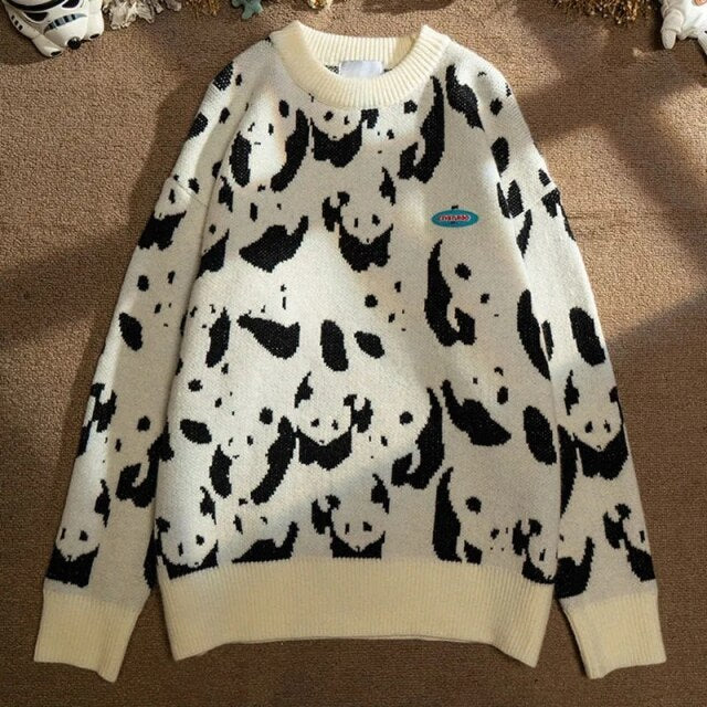 Knitted Sweater With Panda Pattern