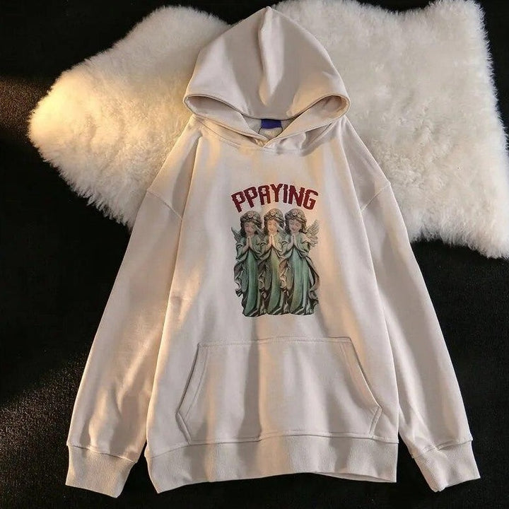 Hoodie With "PPAYING" Lettering And Angel Print