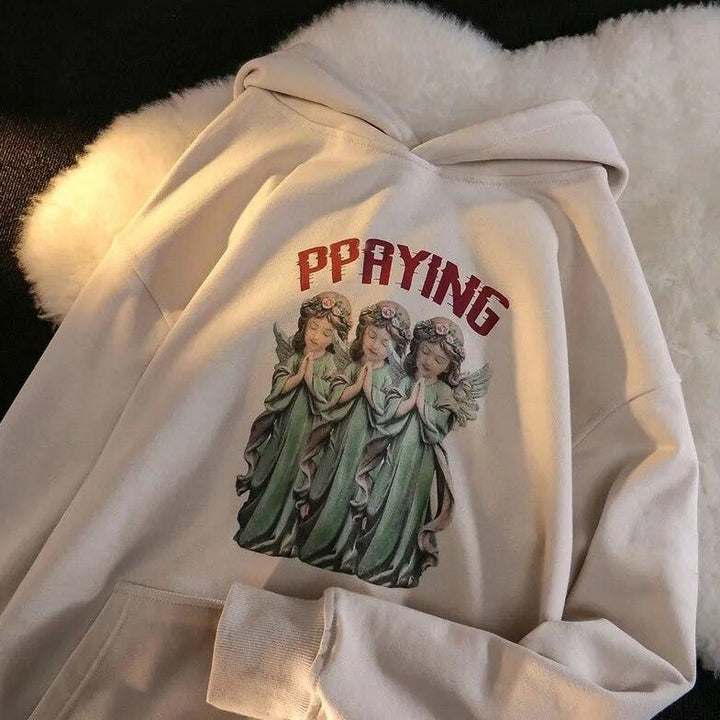 Hoodie With "PPAYING" Lettering And Angel Print