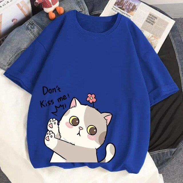 "Don't Kiss Me!" Tee With Cat Print