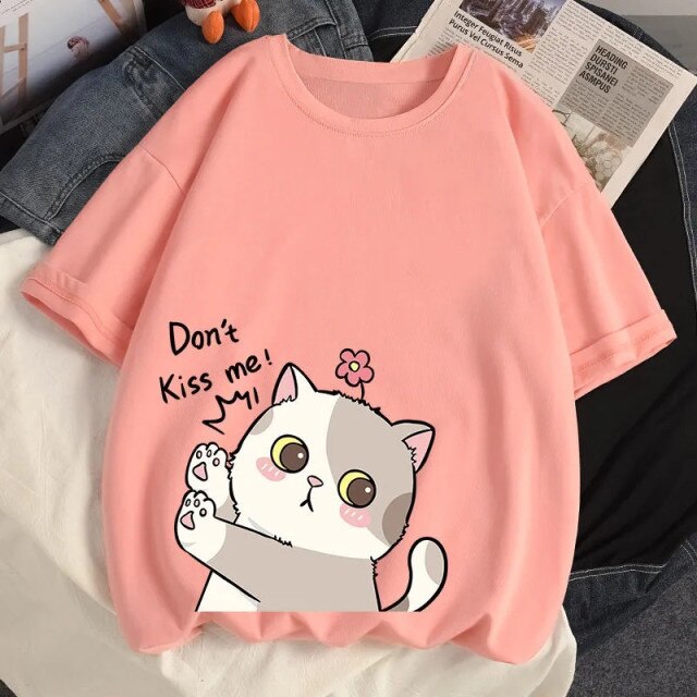 "Don't Kiss Me!" Tee With Cat Print