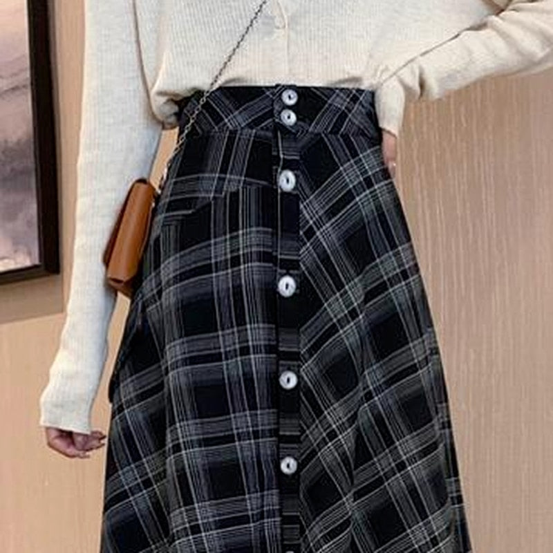 Plaid Button-Down Skirt With Laced Hem