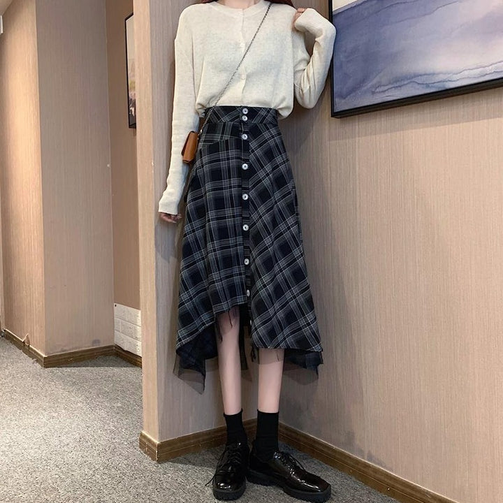 Plaid Button-Down Skirt With Laced Hem