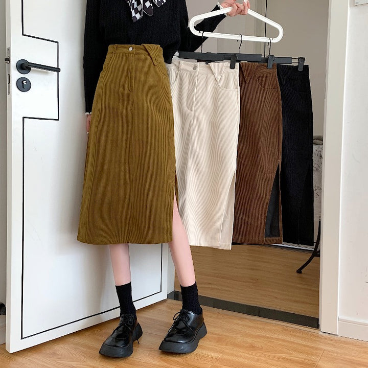 Corduroy Skirt With Hemsplit And Pockets