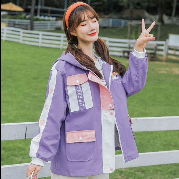 Pastel Zip-Up Jacket With Rainbow Embroidery