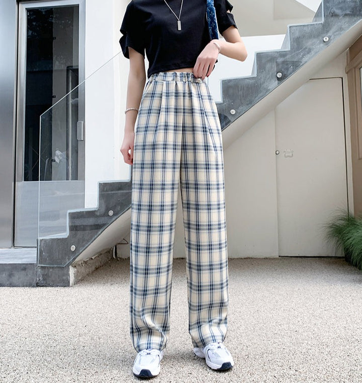 Pants With Elastic Waist And Plaid Pattern