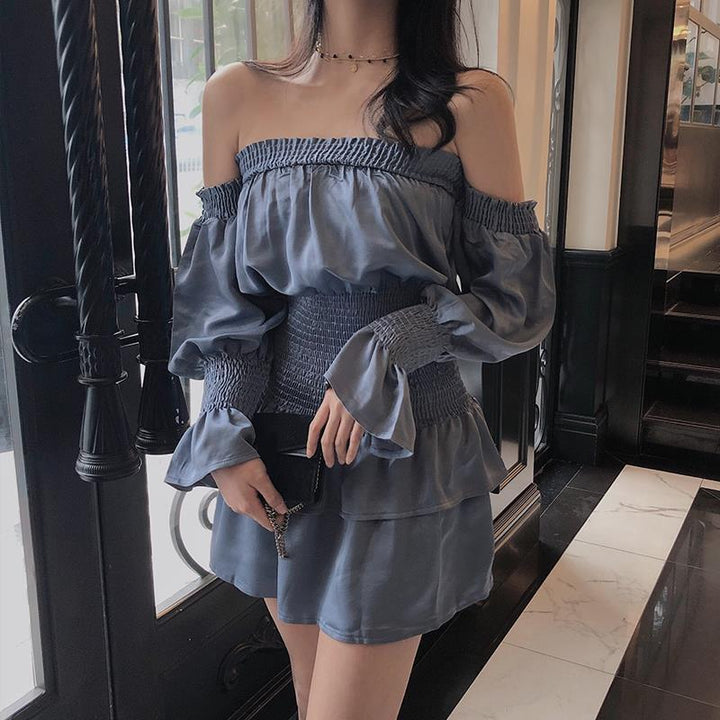 Off-Shoulder Dress With Flare Sleeves And Ruffles