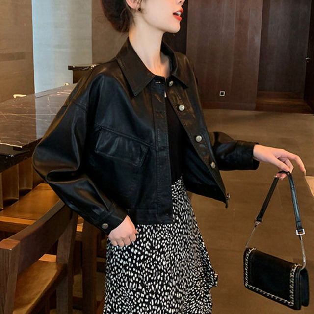 Button-Down Leather Jacket With Turn-Down Collar