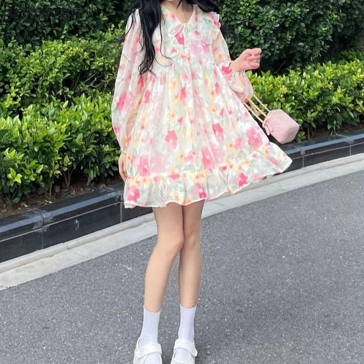Floral Dress With Ruffles And Peter Pan Collar