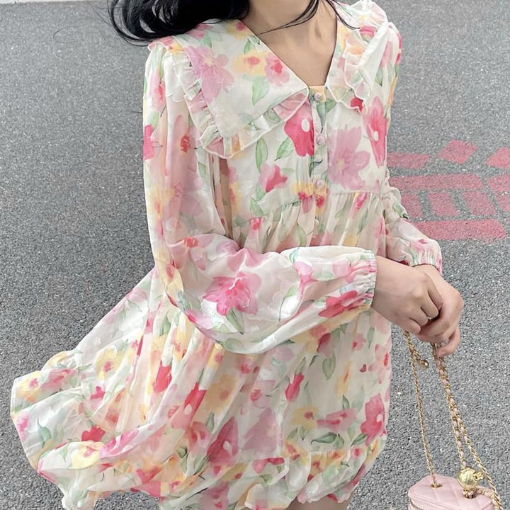 Floral Dress With Ruffles And Peter Pan Collar