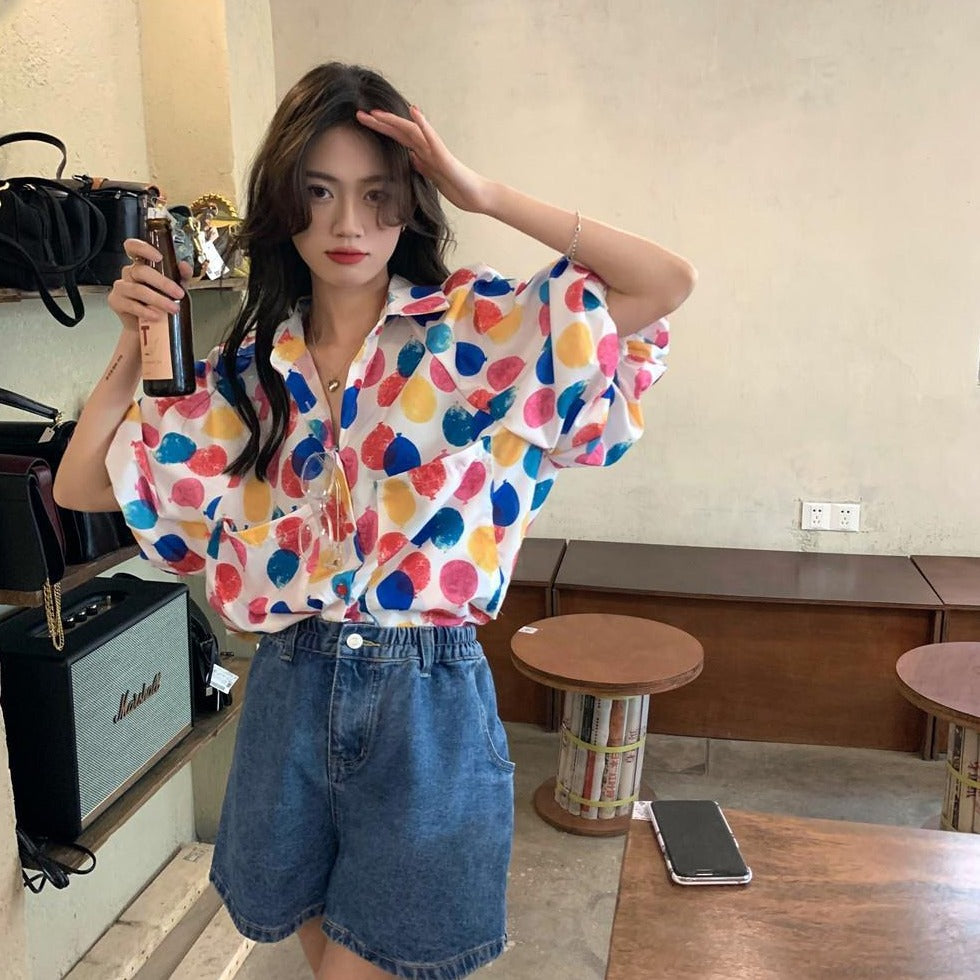 Shortsleeved Blouse With Colorful Balloon Pattern