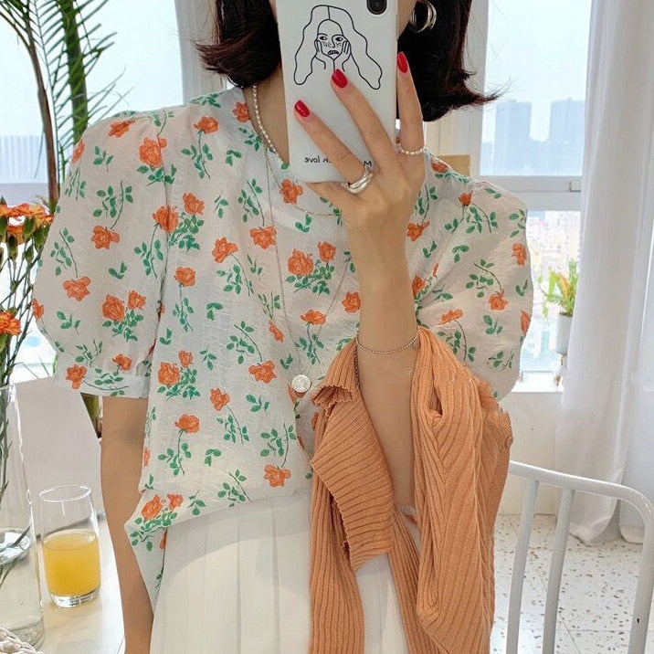 Floral Blouse With Puff Sleeves