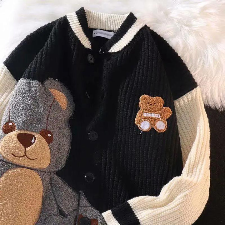 Button-Down Cardigan With Bear Embroidery