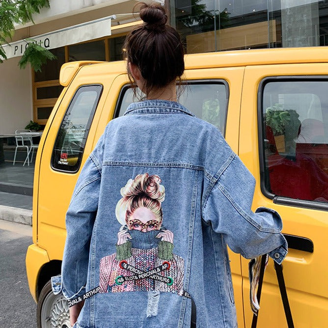 Denim Jacket With Woman Print On Back