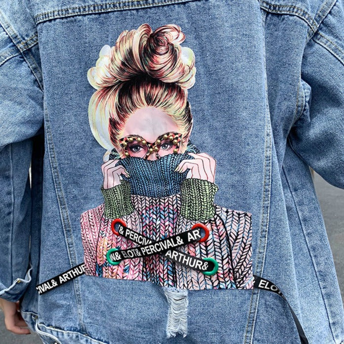 Denim Jacket With Woman Print On Back