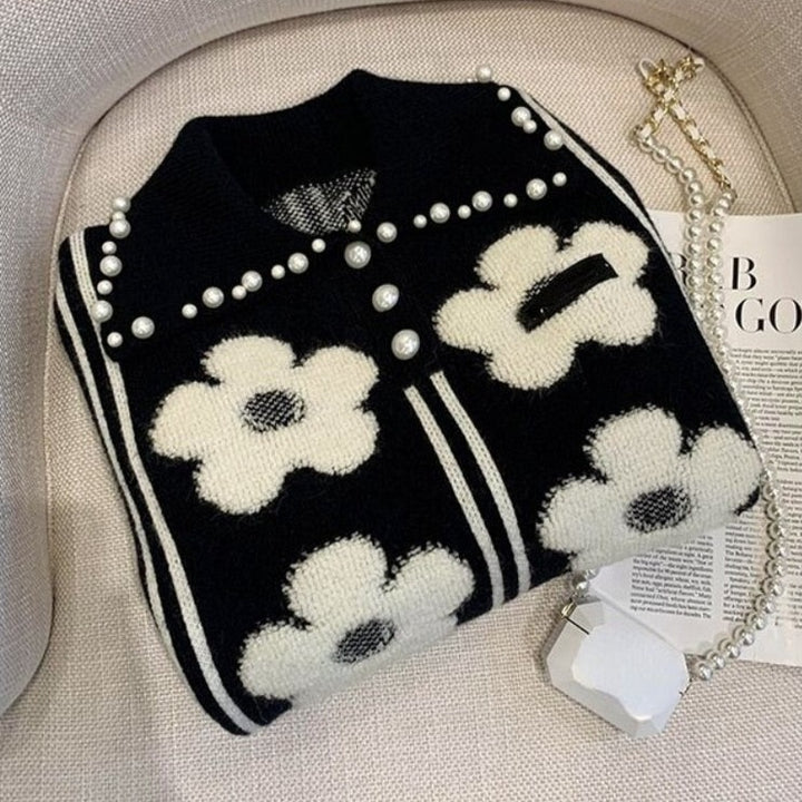 Knitted Sweater With Pearls And Flower Pattern