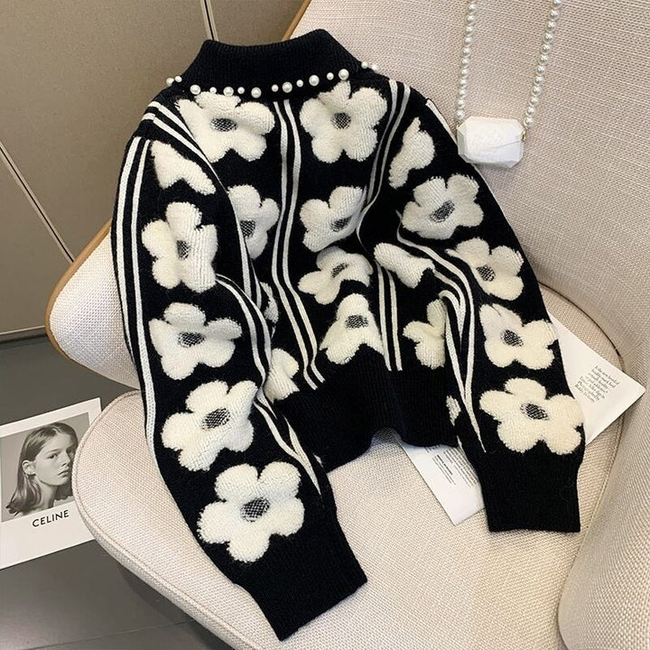 Knitted Sweater With Pearls And Flower Pattern