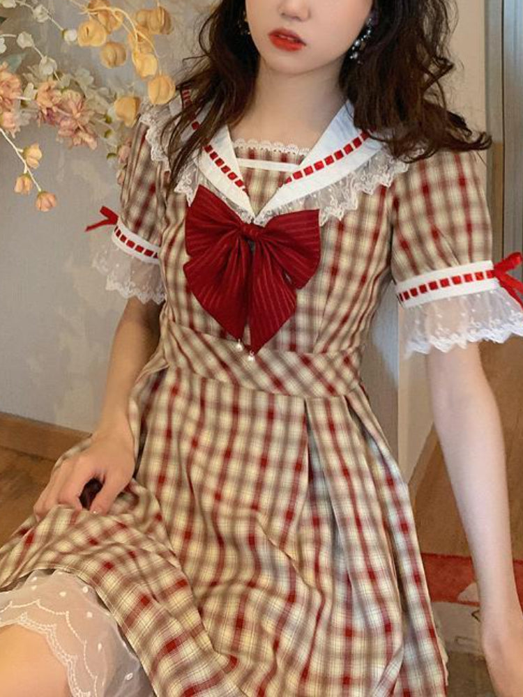 Plaid Dress With Laced Details And Bow