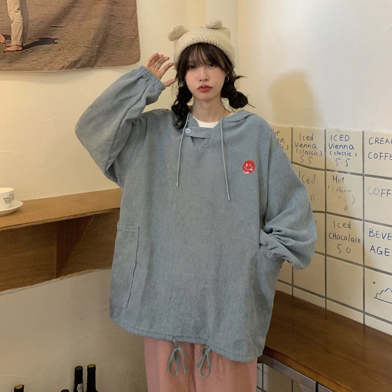 Corduroy Hoodie With Embroidery And Pockets