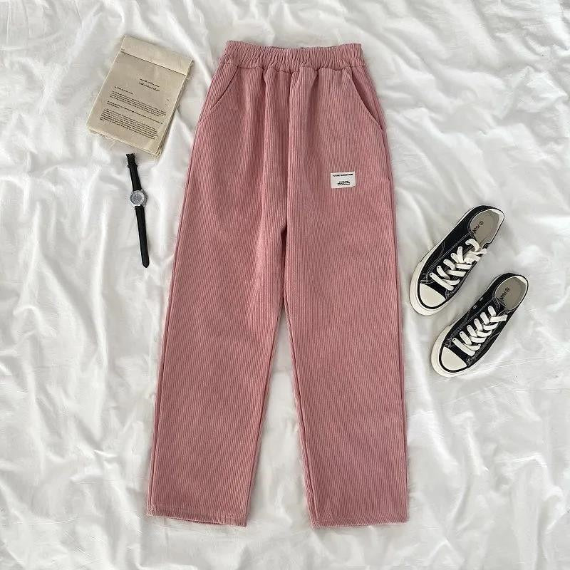 Corduroy Pants With Embroidery And Elastic Waist