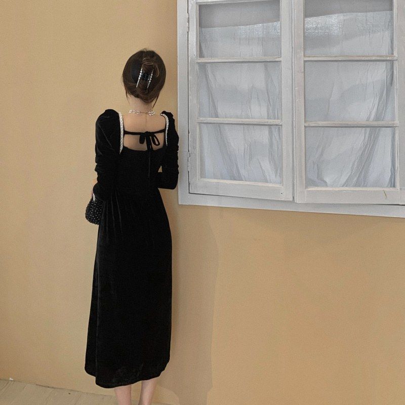 A-Line Dress With Long Sleeves And Square Collar