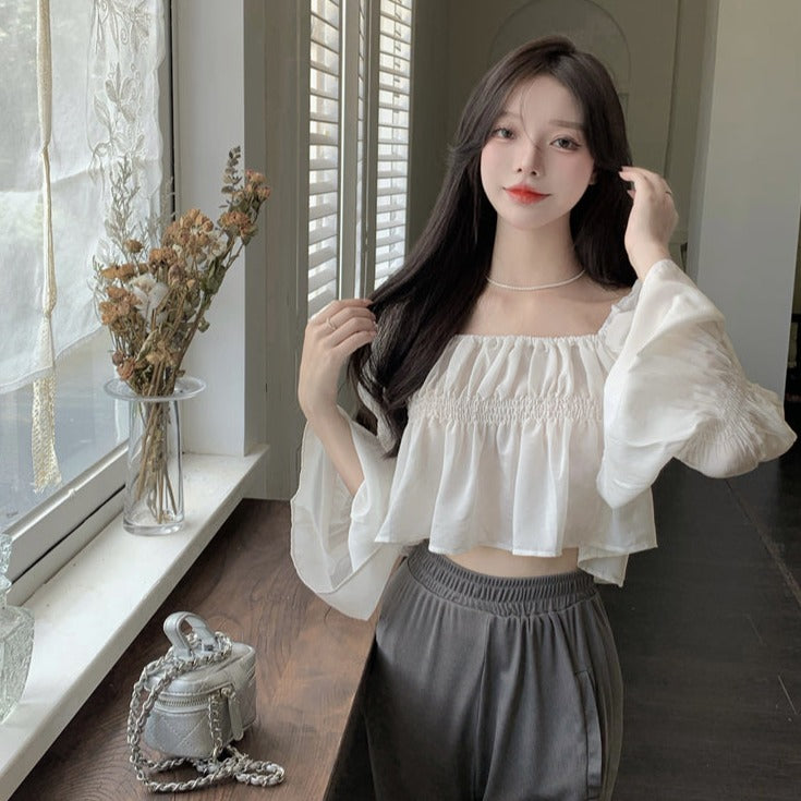 Cropped Blouse With Puff Sleeves And Square Collar