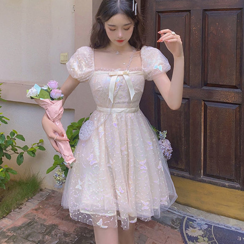 Tulle Dress With Butterfly Pattern And Bow