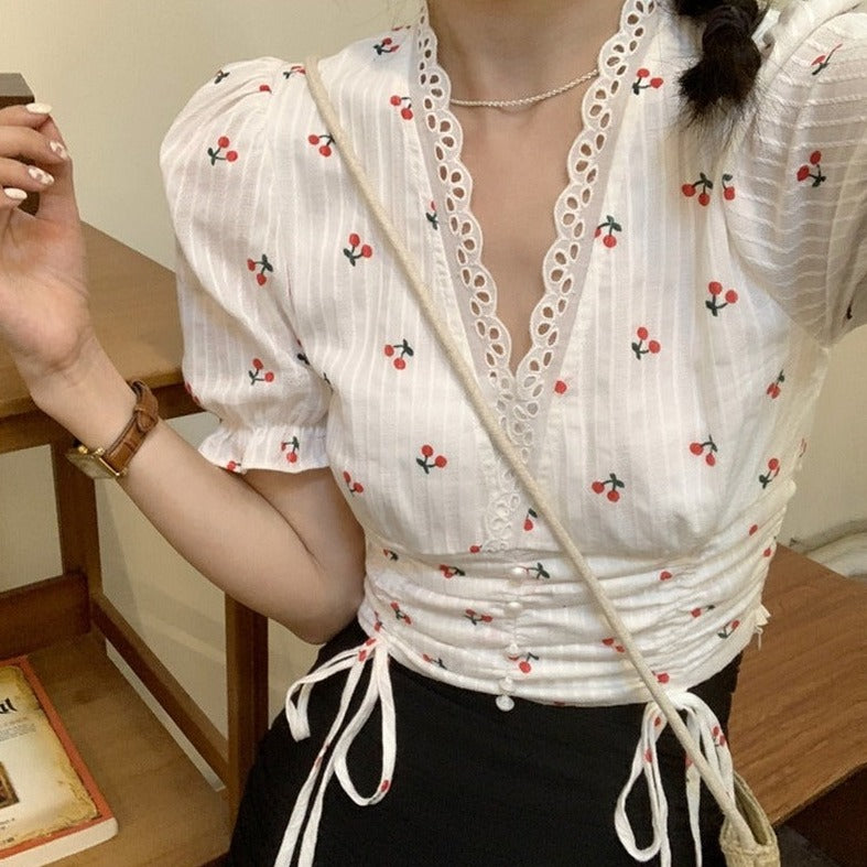 Shortsleeved Blouse With Cherry Pattern
