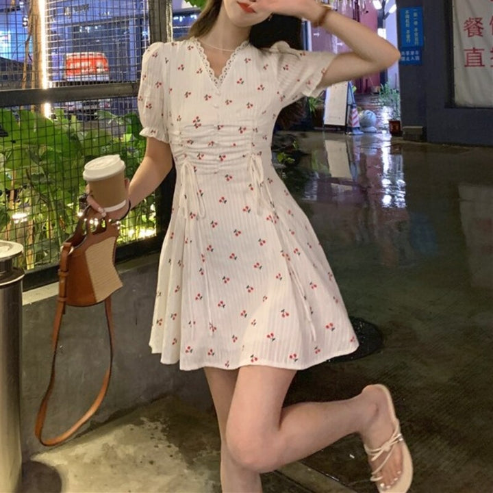 Shortsleeved Dress With Cherry Pattern